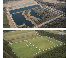 Before-and-after photos of the SRS ash basin cleanup project